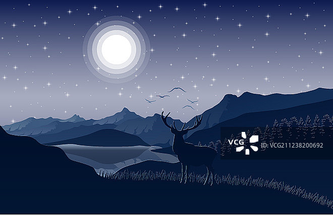 夜间山景与山坡上的鹿群图片素材