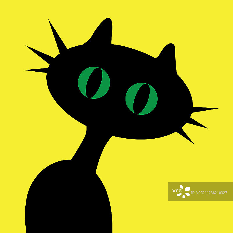 黄色背景上的黑色卡通绿眼猫图片素材