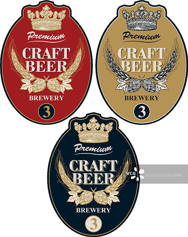 带有小麦穗、啤酒花和皇冠的啤酒标签图片素材
