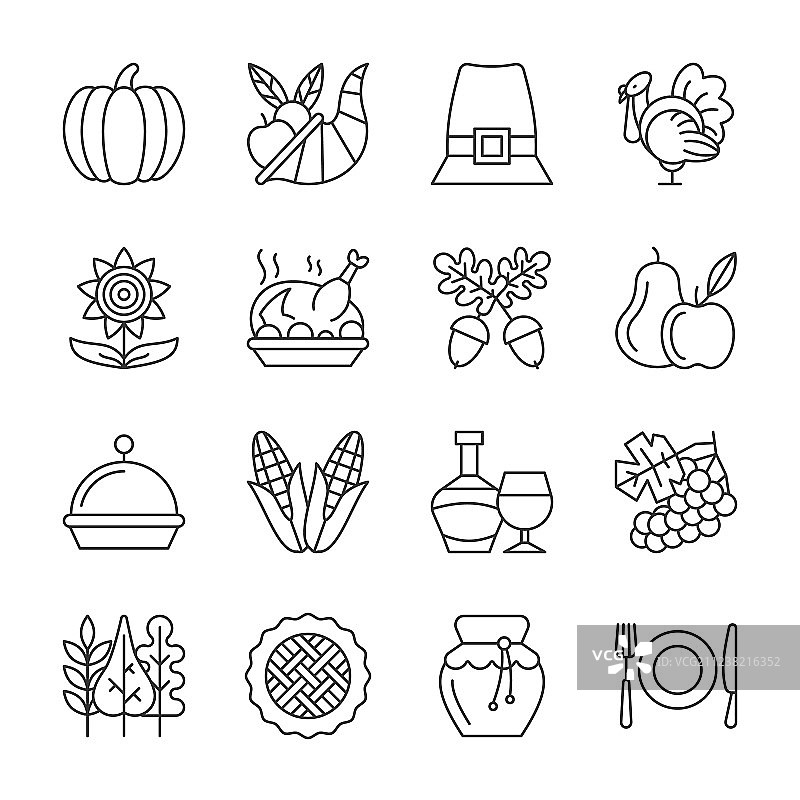 可编辑的感恩节线条图标集图片素材