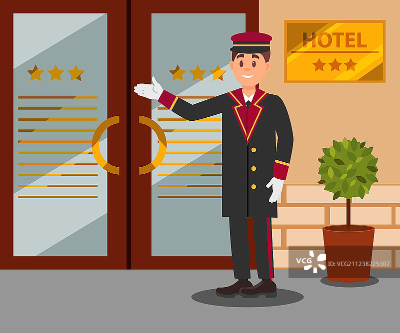 站在酒店前的快乐门卫图片素材