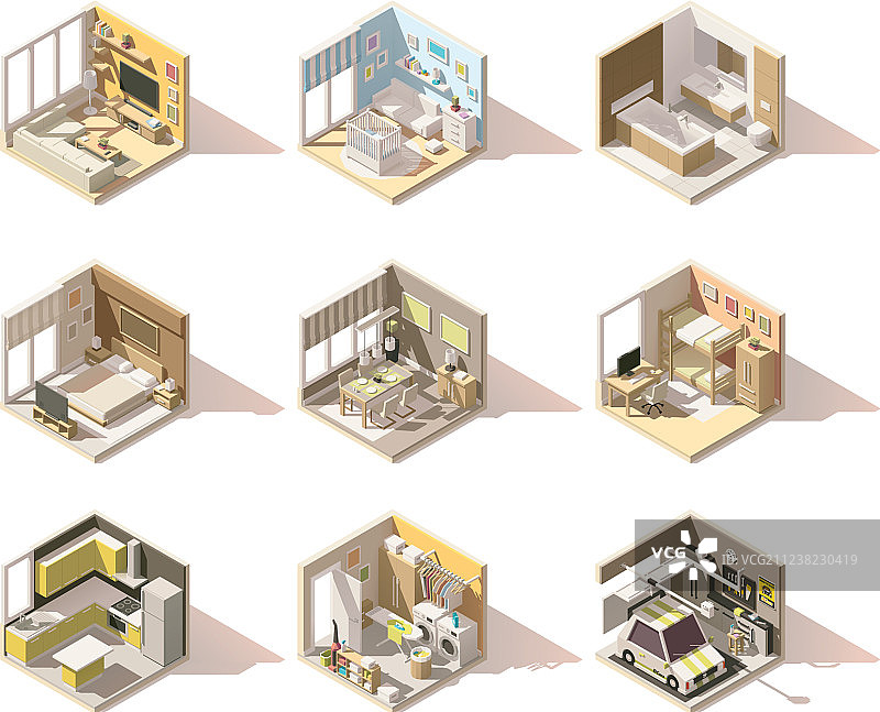 2.5D低多边形家庭房间套装图片素材