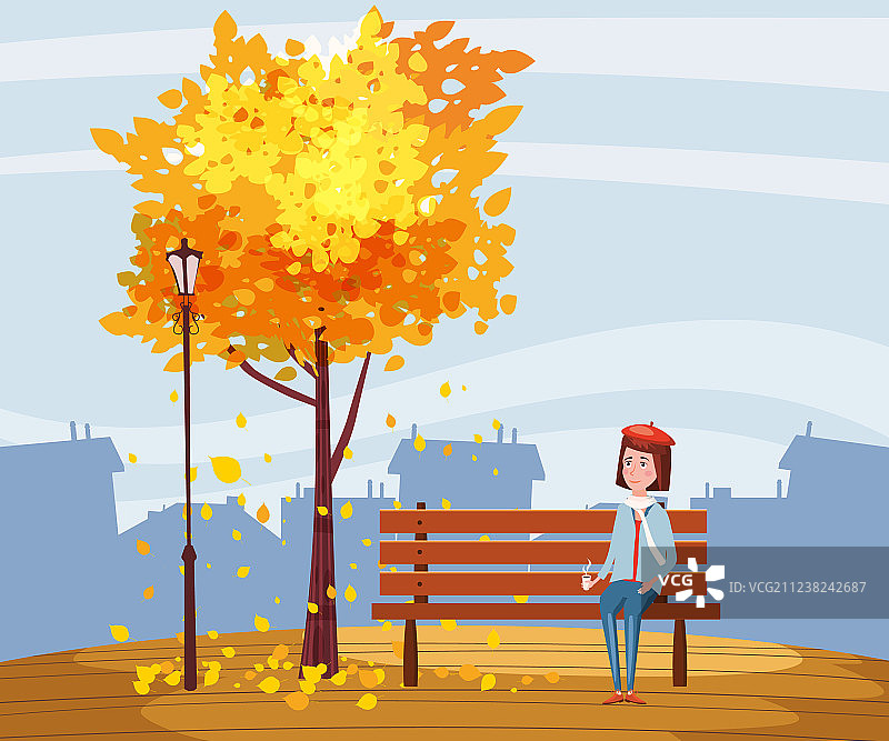 秋季：快乐女孩坐在长椅上，手捧一杯饮品图片素材