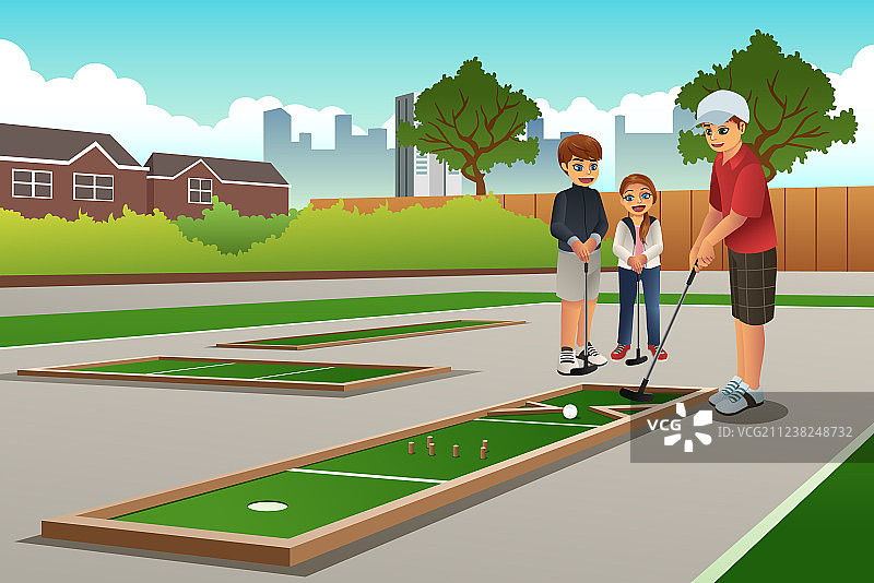 孩子们玩迷你高尔夫图片素材