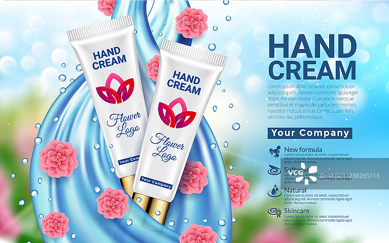 白色软管蓝色水滴粉色鲜花护手霜图片素材