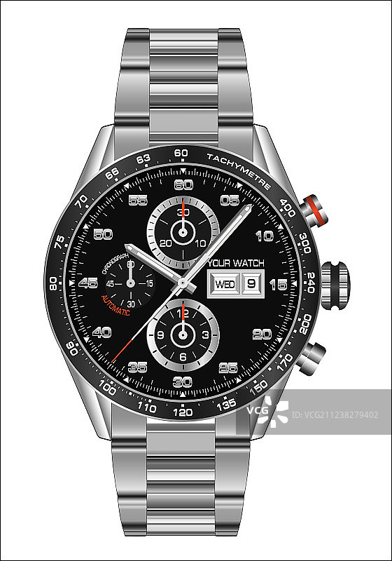 逼真钢制黑色表盘计时腕表图片素材