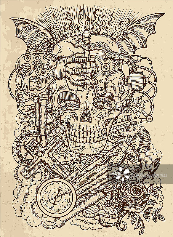 蒸汽朋克风格的恐怖骷髅神秘绘画图片素材