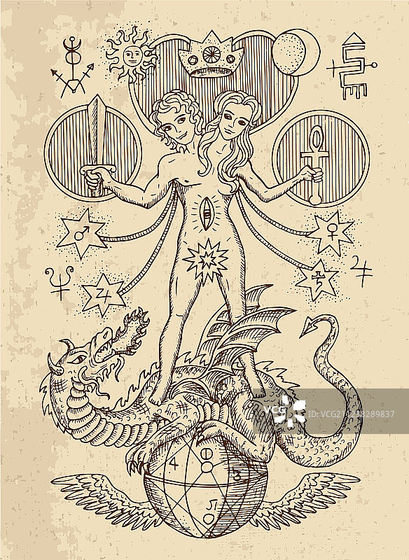 具有双性概念的神秘绘画图片素材