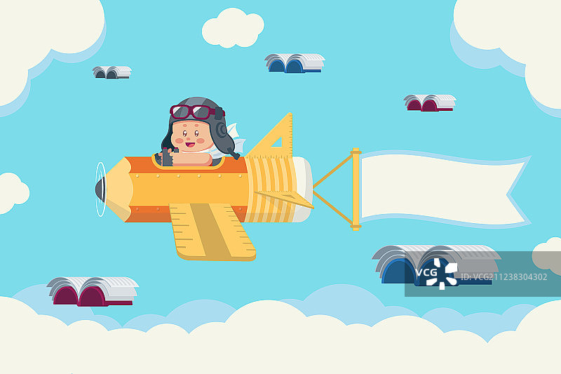 男孩坐在铅笔飞机上，飞过书籍图片素材