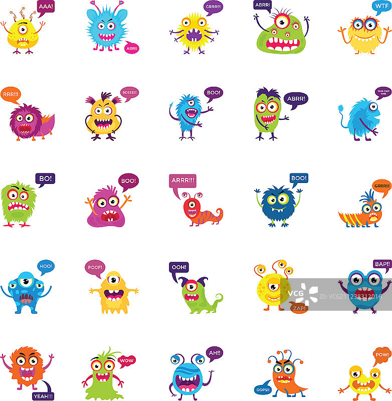 怪物咆哮和尖叫扁平图标集图片素材