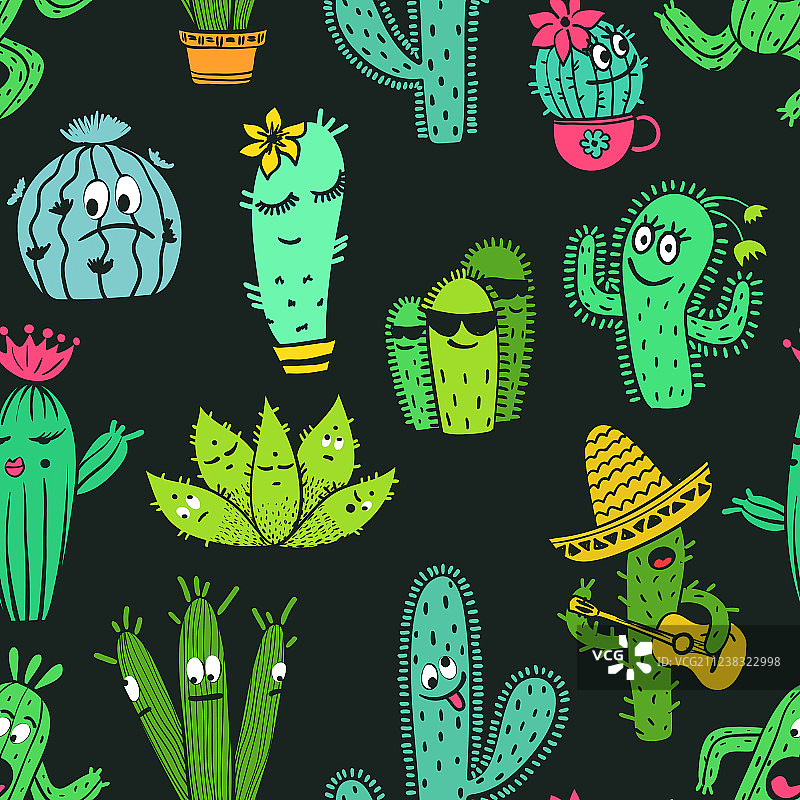 仙人掌角色趣味无缝图案图片素材