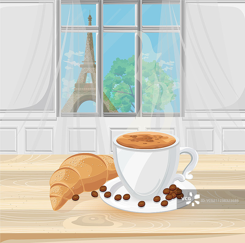 咖啡杯和羊角面包与埃菲尔铁塔图片素材