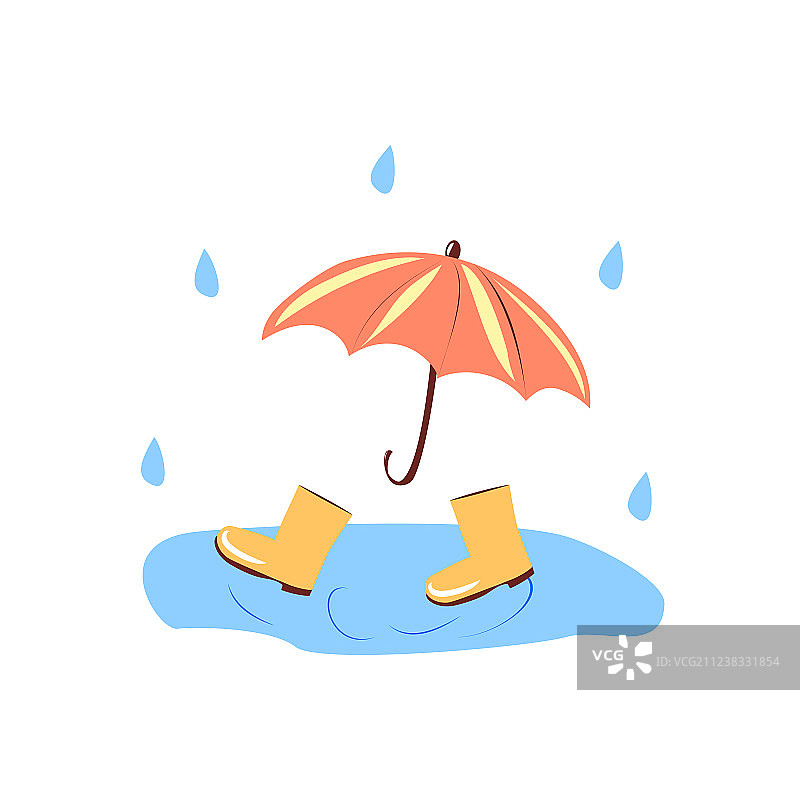 水坑中的红雨伞和黄靴子图片素材
