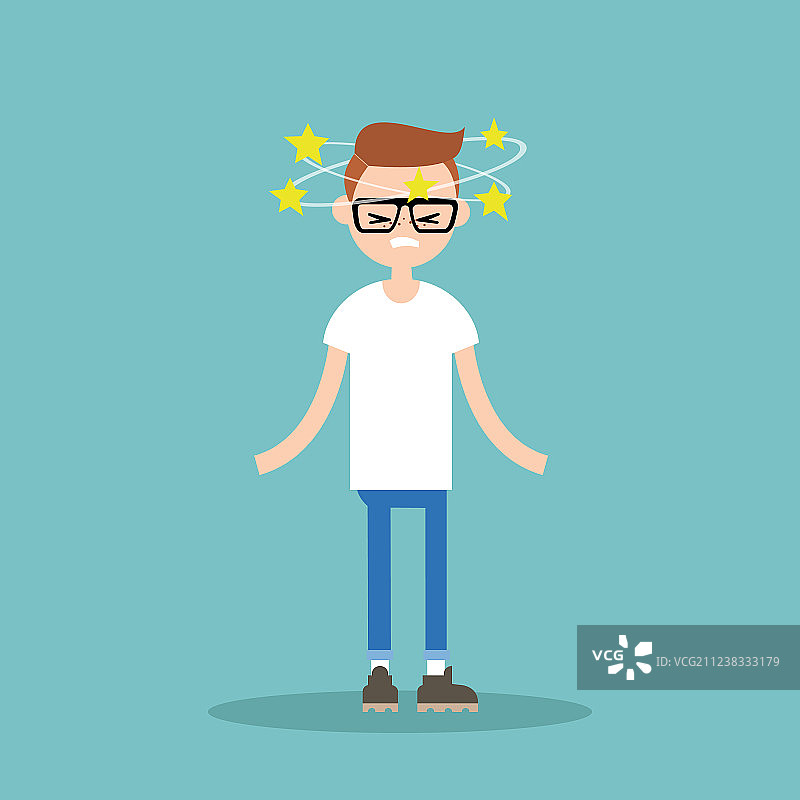 头晕概念图：年轻的书呆子与星星图片素材