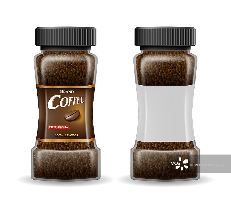 装有咖啡颗粒的速溶咖啡玻璃罐图片素材
