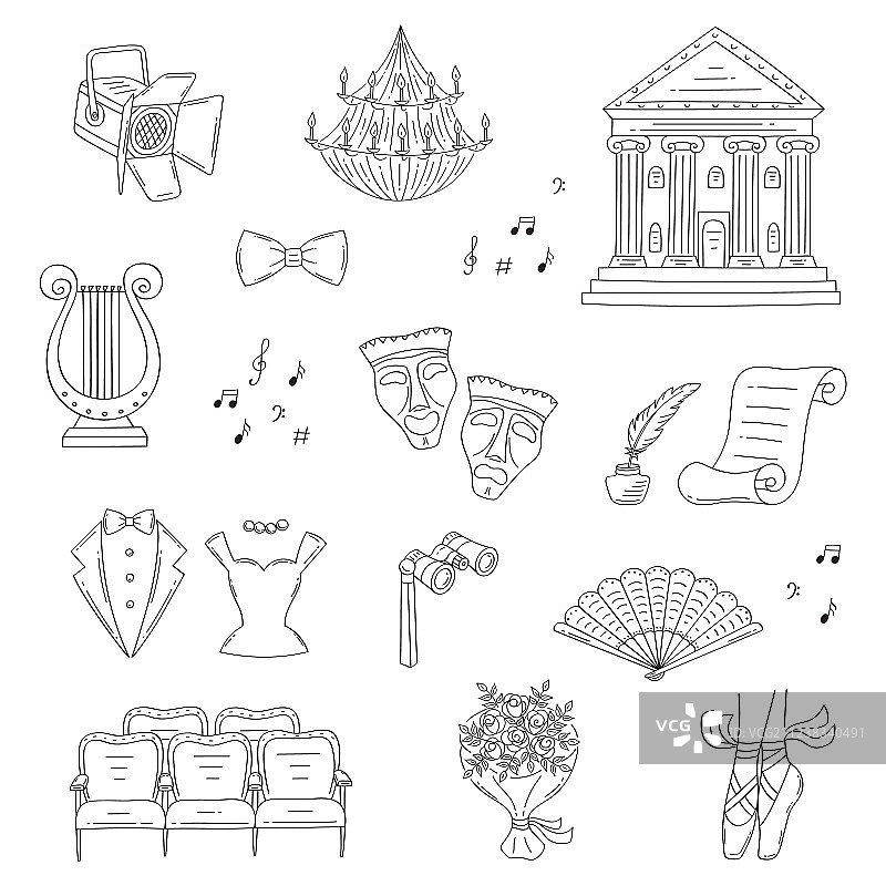手绘剧院图标涂鸦套装图片素材