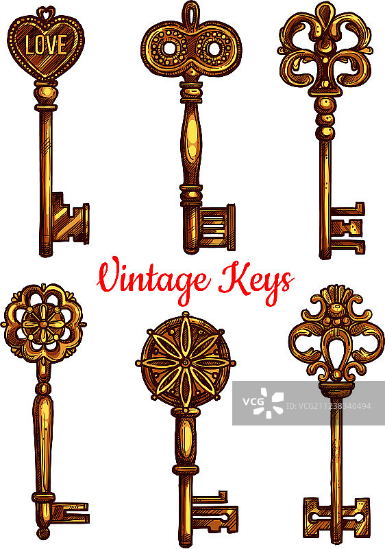 老式金属钥匙图标集图片素材