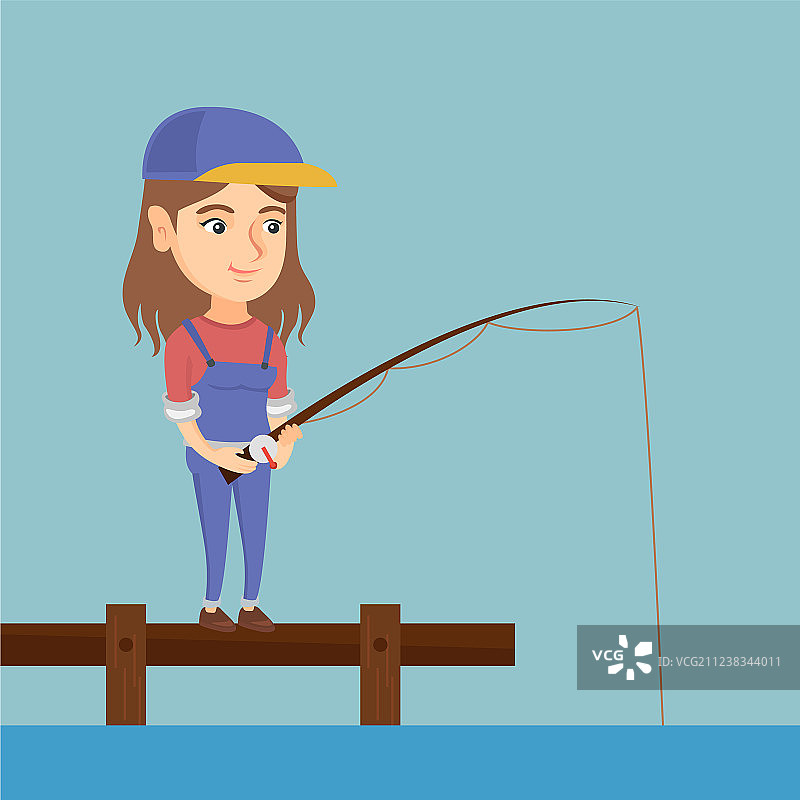 年轻的白人妇女在码头上钓鱼图片素材