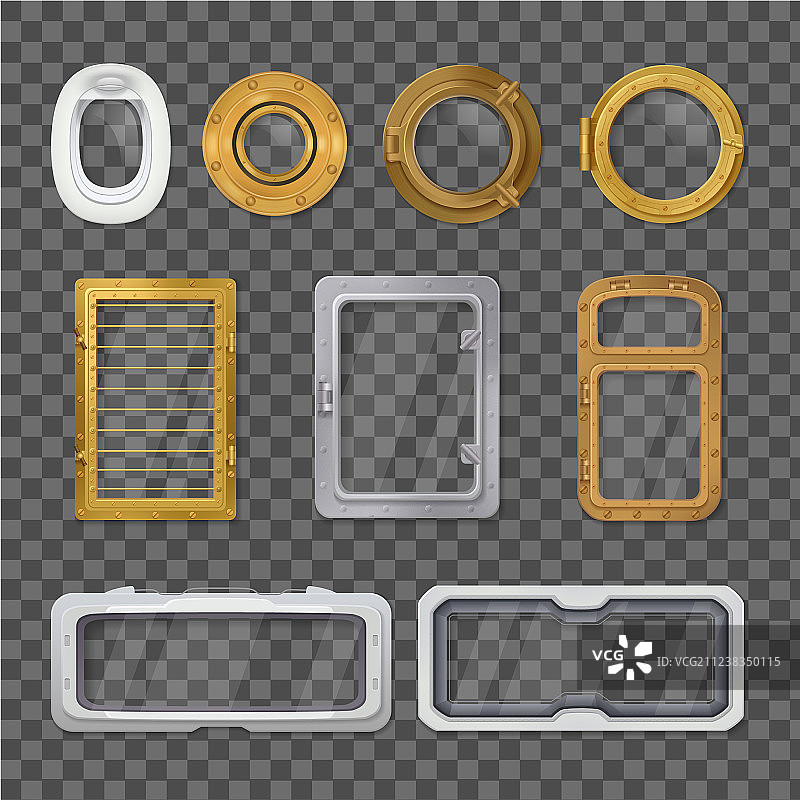 逼真透明舷窗图标集图片素材