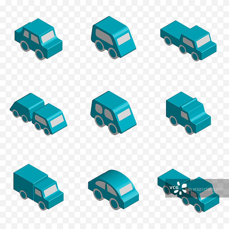 一组3D等距玩具车图标（孤立）图片素材