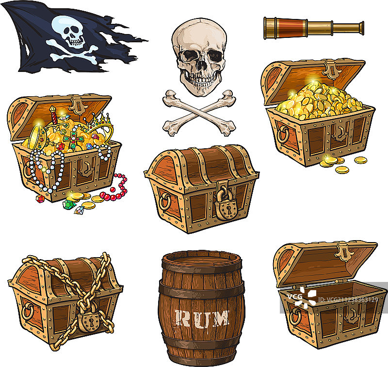 海盗主题藏宝箱、旗帜、朗姆酒桶图片素材