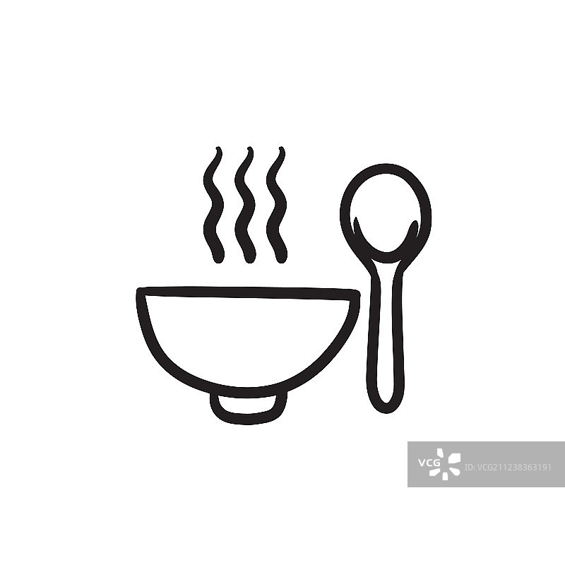 带勺子的热汤碗草图图标图片素材