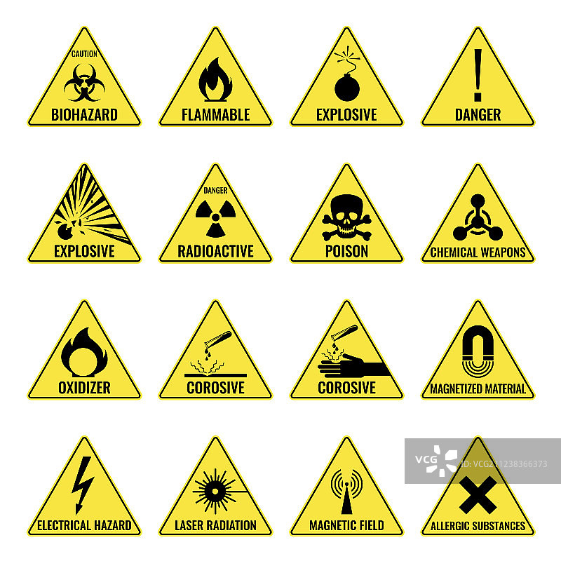 白色背景上的黄色危险警告三角形图标集图片素材