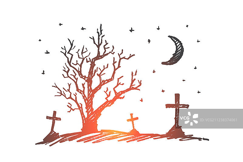 手绘万圣节墓地、枯木与月亮图片素材