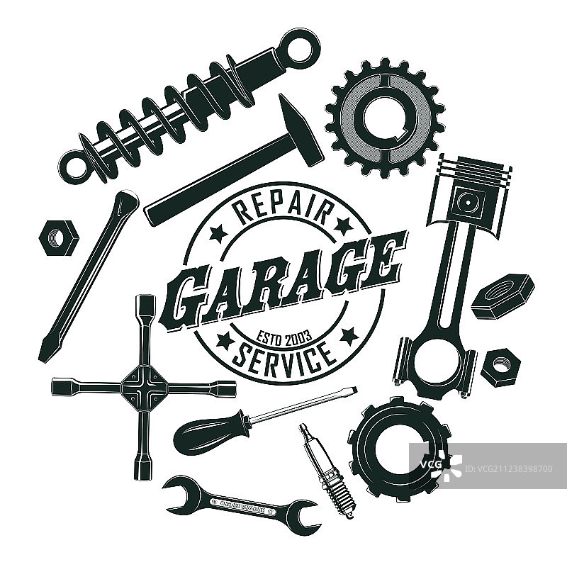 复古车库工具圆形概念黑白图图片素材