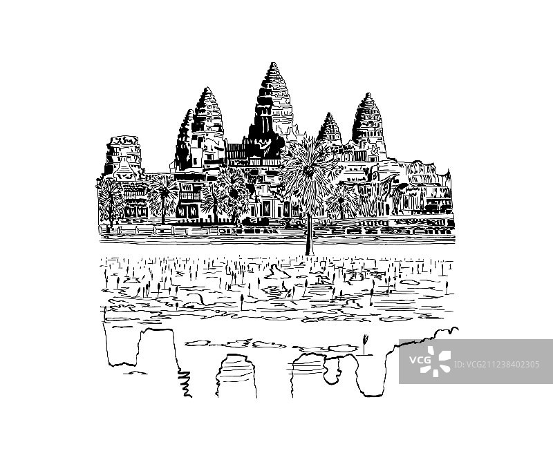 手绘素描吴哥窟寺庙图片素材