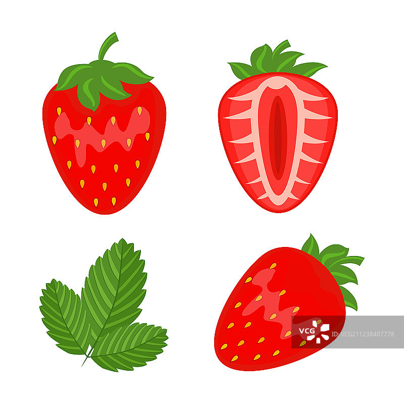 红色草莓浆果切半带叶组合图片素材