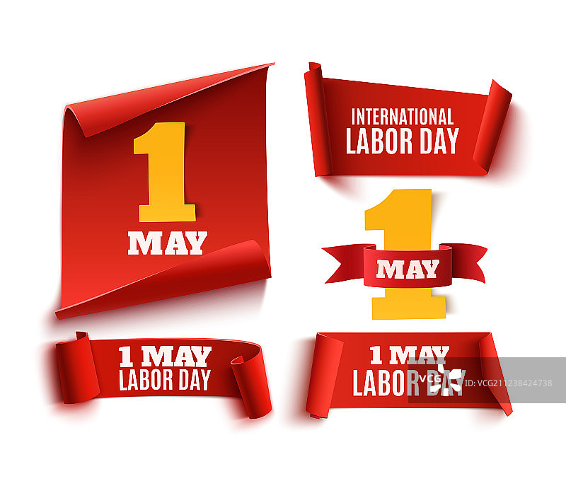 一组五个红色逼真5月1日劳动节banner图片素材