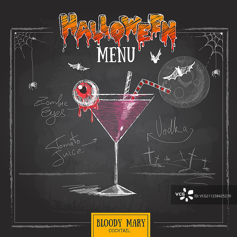 复古粉笔画万圣节鸡尾酒菜单图片素材
