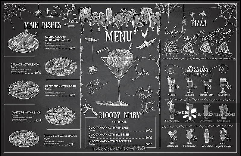 复古粉笔画万圣节菜单设计图片素材