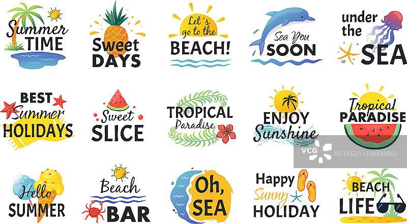 手绘海滩贴纸夏季度假涂鸦图片素材