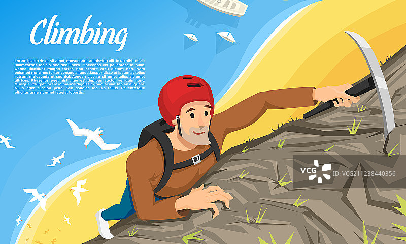 佩戴头盔的年轻登山者，手持冰镐图片素材