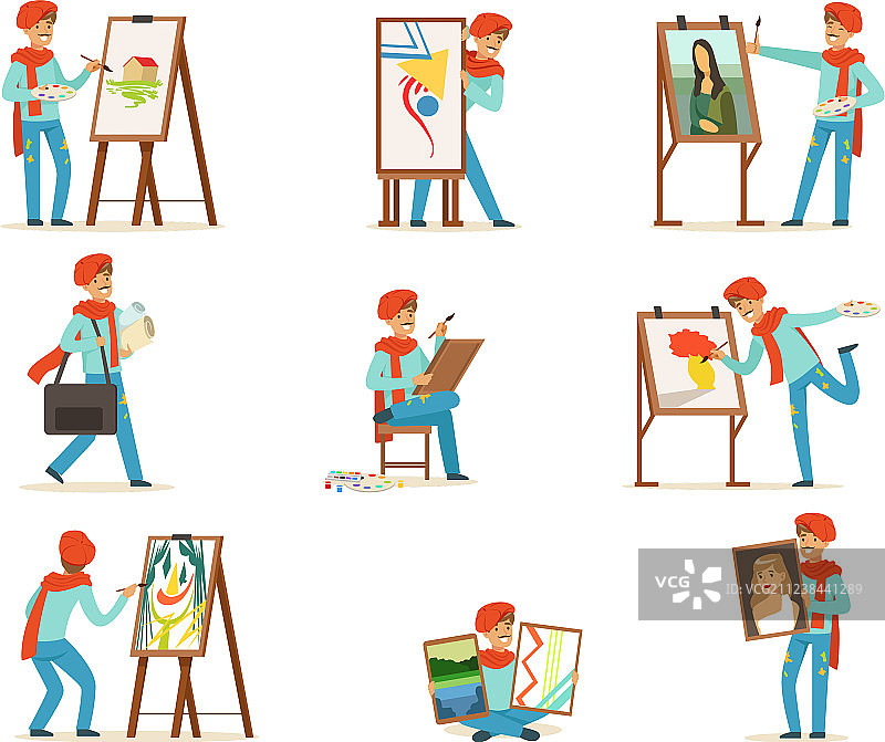 快乐微笑的艺术家在画布上绘画图片素材