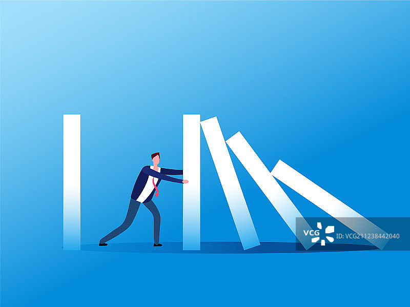 多米诺效应：商人阻止多米诺骨牌倒塌图片素材