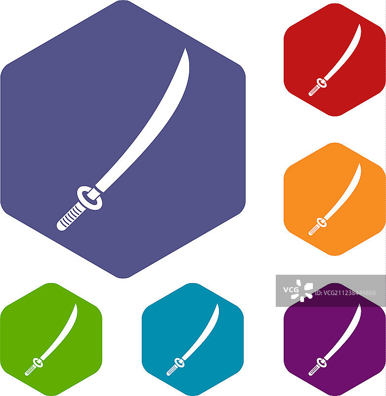 武士刀图标六边形集合图片素材