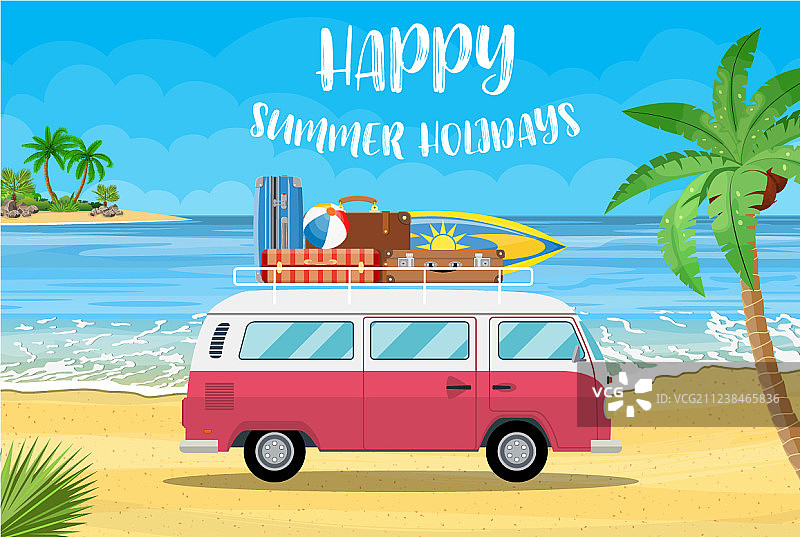带有冲浪板和行李箱的旅行车图片素材