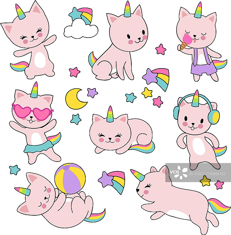 卡通可爱白色猫咪独角兽套装图片素材