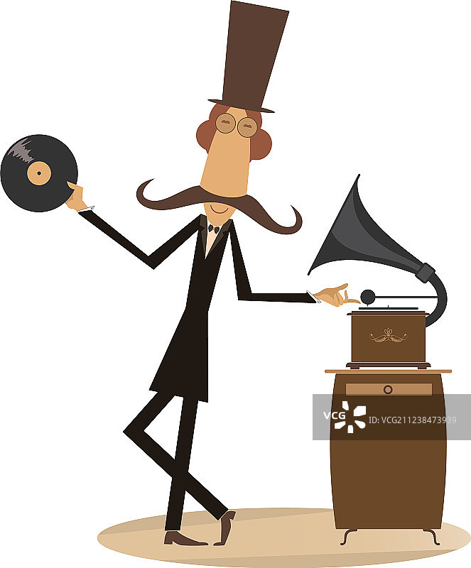 留胡子的男人和老式唱片播放机图片素材