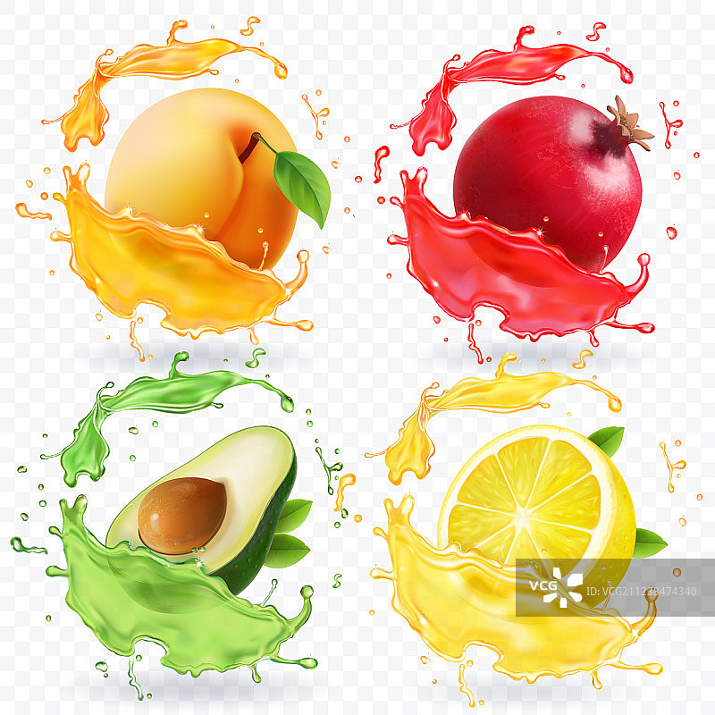 杏子柠檬石榴牛油果果汁飞溅图片素材