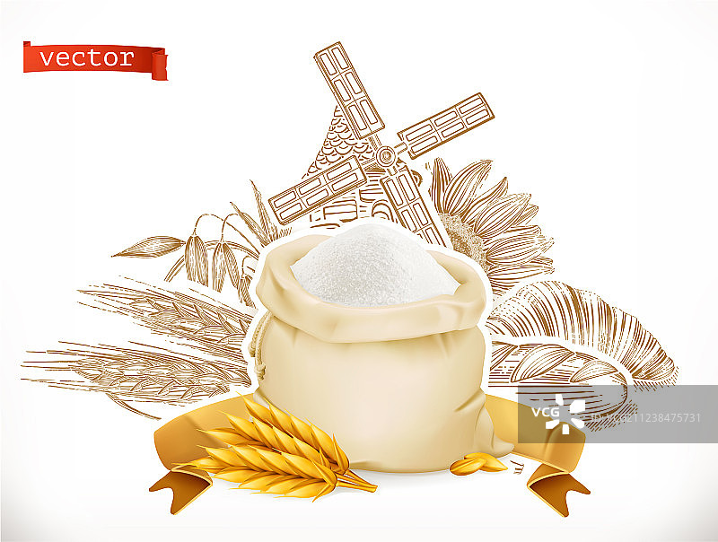 面粉面包和小麦复古雕刻图标集图片素材