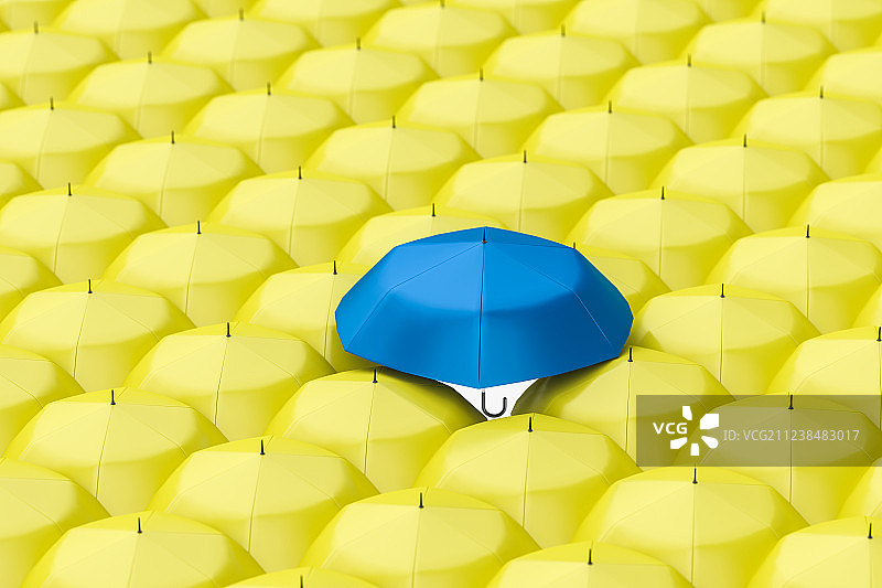 黄色雨伞中的一把蓝色雨伞，三维渲染图片素材