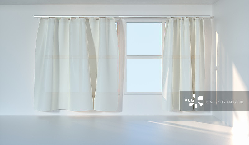 明亮的空房间与穿过窗帘的阳光光，三维渲染图片素材