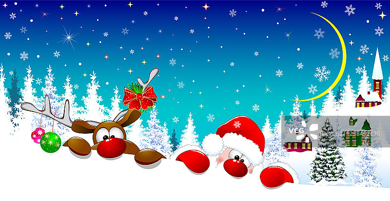 圣诞之夜的圣诞老人与驯鹿图片素材