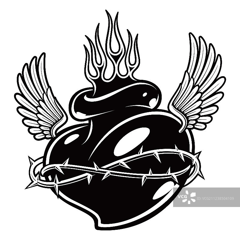 火焰奇卡诺风格心形纹身单色图图片素材