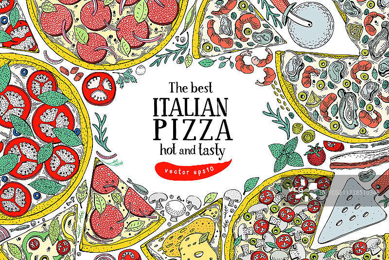 意大利披萨顶视图彩色框架图片素材