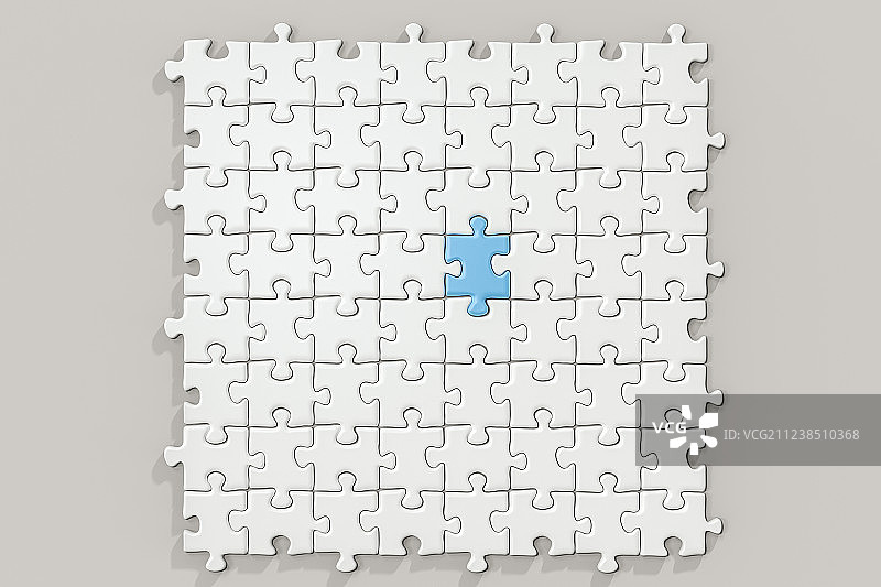 蓝色拼图与周围的白色拼图，三维渲染图片素材